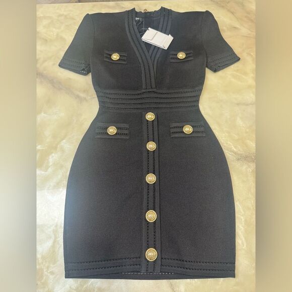 Balmain Black Pique Knit V-Neck Bodycon Mini Dress NWT 38 - Picture 4 of 12